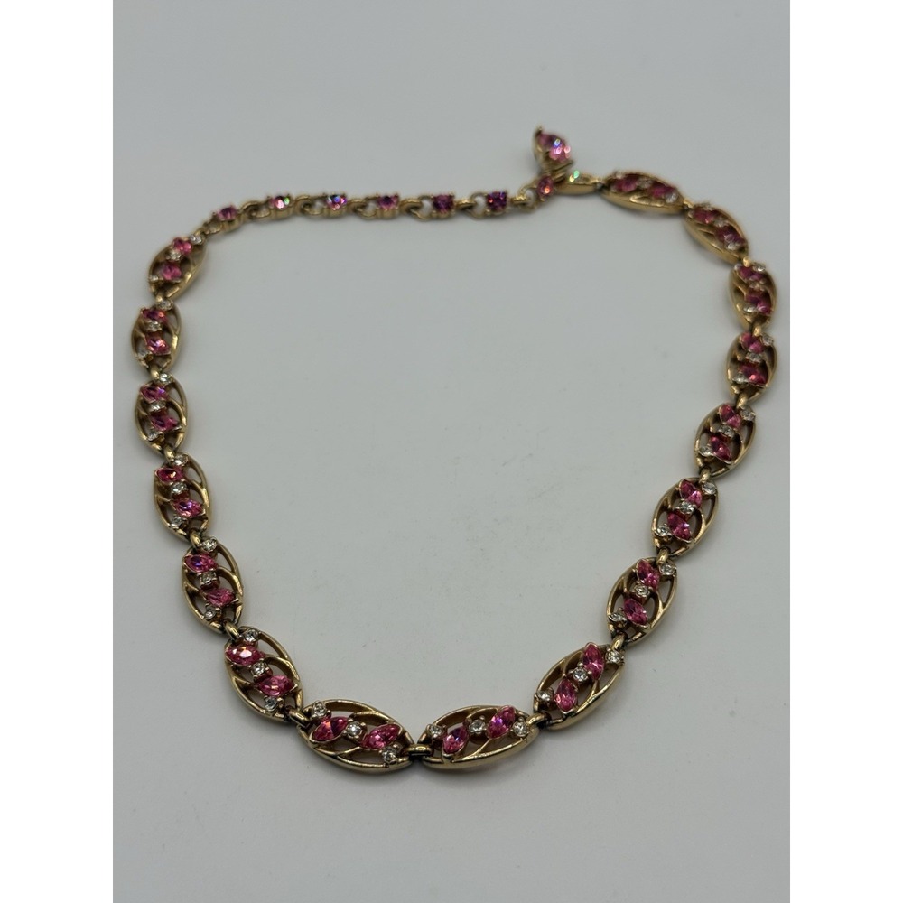 Vintage Bogoff Necklace Pink Glass Rhinestone Gold Tone 16"
